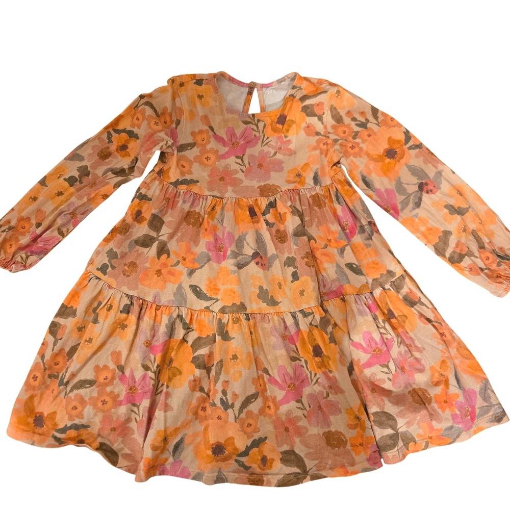 Next Kids Floral Ladybug Tiered‎ Cotton Dress Orange Pink Long Sleeve 5-6 Years